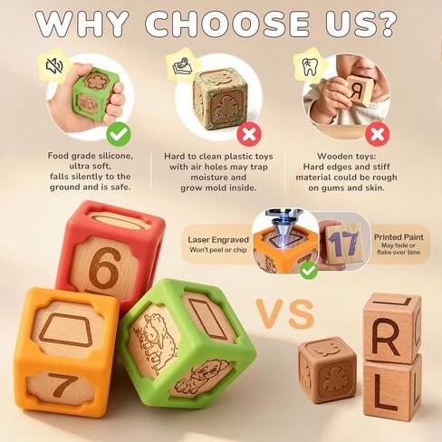 Joyreal Silicone Wooden Baby Blocks, 10PCS Montessori Stacking Blocks for Babies 6-18 Months, 1.7" Beech Wood Sensory Learning Toy with Animals, Numbers, Textures, Soft Chewable, Laser Engraved in Saudi Arabia