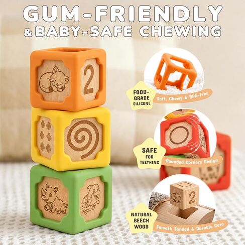 Joyreal Silicone Wooden Baby Blocks, 10PCS Montessori Stacking Blocks for Babies 6-18 Months, 1.7" Beech Wood Sensory Learning Toy with Animals, Numbers, Textures, Soft Chewable, Laser Engraved in Saudi Arabia