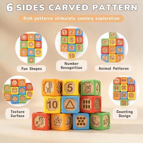 Joyreal Silicone Wooden Baby Blocks, 10PCS Montessori Stacking Blocks for Babies 6-18 Months, 1.7" Beech Wood Sensory Learning Toy with Animals, Numbers, Textures, Soft Chewable, Laser Engraved in Saudi Arabia