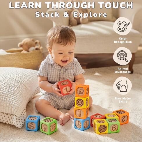 Joyreal Silicone Wooden Baby Blocks, 10PCS Montessori Stacking Blocks for Babies 6-18 Months, 1.7" Beech Wood Sensory Learning Toy with Animals, Numbers, Textures, Soft Chewable, Laser Engraved in Saudi Arabia