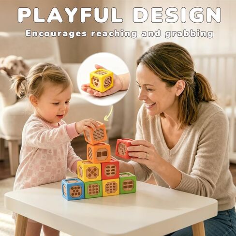 Joyreal Silicone Wooden Baby Blocks, 10PCS Montessori Stacking Blocks for Babies 6-18 Months, 1.7" Beech Wood Sensory Learning Toy with Animals, Numbers, Textures, Soft Chewable, Laser Engraved in Saudi Arabia