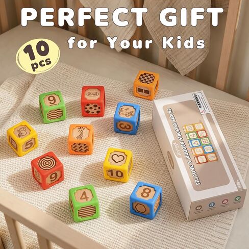 Joyreal Silicone Wooden Baby Blocks, 10PCS Montessori Stacking Blocks for Babies 6-18 Months, 1.7" Beech Wood Sensory Learning Toy with Animals, Numbers, Textures, Soft Chewable, Laser Engraved in Saudi Arabia