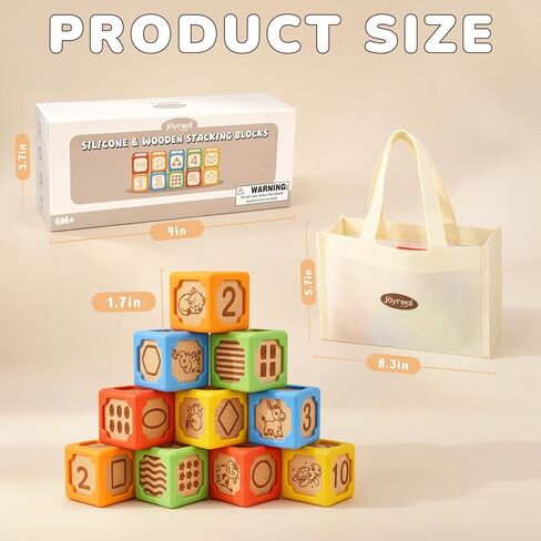 Joyreal Silicone Wooden Baby Blocks, 10PCS Montessori Stacking Blocks for Babies 6-18 Months, 1.7" Beech Wood Sensory Learning Toy with Animals, Numbers, Textures, Soft Chewable, Laser Engraved in Saudi Arabia