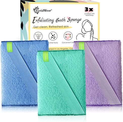Evridwear Exfoliating Bath Sponge, Daily Skincare Body Scrubbers Loofah Shower Pads with Strap for Body Cleansing, Dead Skin Cell Remover, 3 Count Value Pack(Classical) in Kuwait