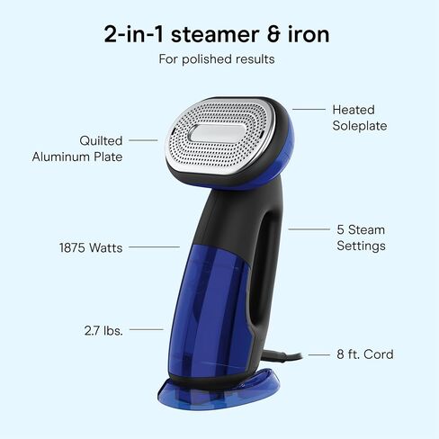 Conair 2-in-1 Handheld Steamer and Iron for Clothes, Turbo ExtremeSteam 1875W Garment Steamer and Clothing Iron,Black / Blue in Saudi Arabia