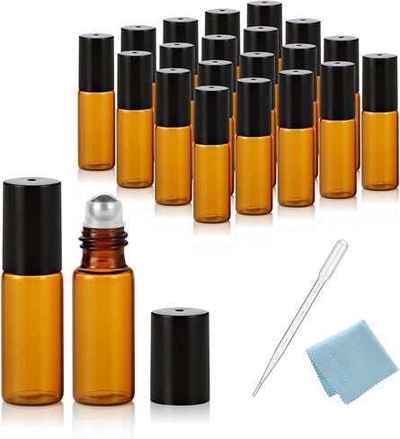 ELFENSTALL- 20PCS 5ml Amber Glass Roller Bottles Roll On Bottle Container with Metal Ball for Essential Oil Aromatherapy Perfumes and Lip Balms - 3ML Dropper Included in Kuwait