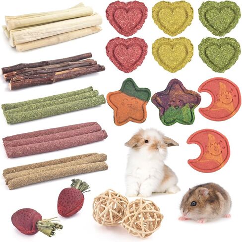 ERKOON 33PCS Bunny Chew Toys for Rabbits Teeth, Natural Rabbit Toys Apple Wood Sticks, Carrot, Timothy Grass Treats for Small Pets, Hamster, Chinchilla, Guinea Pig Dental Care and Treat Teething Toys in Saudi Arabia