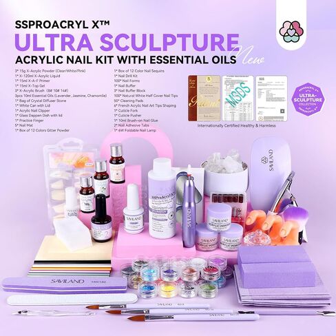 Saviland Acrylic Nail Kit with Drill and U V Light – Clear White Pink Acrylic Powder Acrylic Liquid Black Red White Gel Nail Polish Nail Tools Acrylic Nail Kit for Nail Art Acrylic Nails Gel Nails DIY in Saudi Arabia