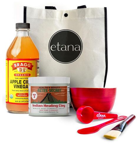 مجموعة قناع Aztec Secret Aztec Clay Premium من Etana Beauty - مجموعة الكل في واحد تتضمن 1 رطل من الطين الهندي العلاجي، و16oz خل التفاح من Bragg، ووعاء من الخيزران الطبيعي، وتحريك، ومغرفة، وفرشاة وحقيبة in Kuwait