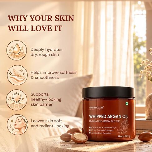 MAJESTIC PURE Whipped Argan Oil Body Butter for Women & Men - With Ceramides, Vitamin E & A & Vegan Collagen - Whipped Body Butter Argan Oil For Skin, Face, & Appearance of Wrinkles & Fine Lines - 8oz in Kuwait