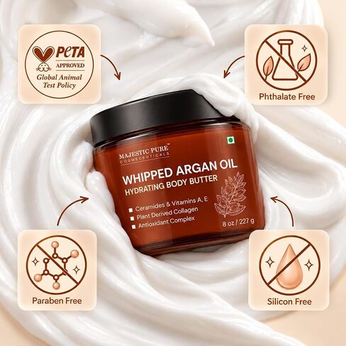 MAJESTIC PURE Whipped Argan Oil Body Butter for Women & Men - With Ceramides, Vitamin E & A & Vegan Collagen - Whipped Body Butter Argan Oil For Skin, Face, & Appearance of Wrinkles & Fine Lines - 8oz in Kuwait