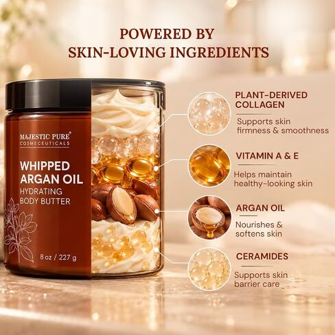 MAJESTIC PURE Whipped Argan Oil Body Butter for Women & Men - With Ceramides, Vitamin E & A & Vegan Collagen - Whipped Body Butter Argan Oil For Skin, Face, & Appearance of Wrinkles & Fine Lines - 8oz in Kuwait