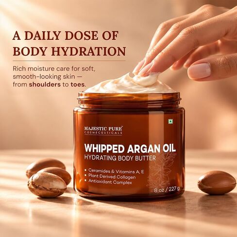 MAJESTIC PURE Whipped Argan Oil Body Butter for Women & Men - With Ceramides, Vitamin E & A & Vegan Collagen - Whipped Body Butter Argan Oil For Skin, Face, & Appearance of Wrinkles & Fine Lines - 8oz in Kuwait