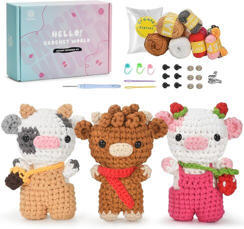 Zepiany Crochet Kit for Beginners 3 PCS Amigurumi Animal Cows Starter Kit Step-by-Step Video Tutorials DIY Craft Gifts for Adults Knitting Lovers Mother Teacher Graduates with 40% Extra Yarn in Saudi Arabia