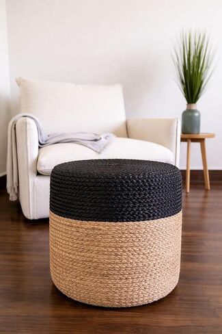 S & L Homes Pouf Ottoman - 100% Jute Braided Hand Knitted Traditional Cord Boho Pouffe for Living Room, Bedroom, Nursery, Patio, Lounge Colorblock - Natural Black (16"x16"x16") in Kuwait