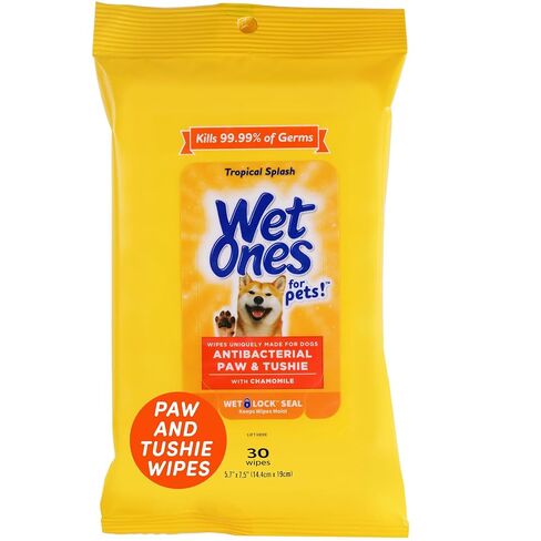Wet Ones Dog Wipes, Pack of 2, 30 Count Total | Paw & Tushie | Tropical Splash Scent | Wet Lock Seal Pouch | With Chamomile in Kuwait