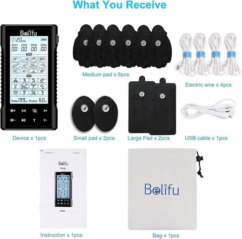 Belifu 4 Independent Channel TENS EMS Unit, 24 Modes,30 Level Intensity Muscle Stimulator Machine, Rechargeable Electric Pulse Massager with 10 Pads&5 Set Leads Wires, for Pain Relief Therapy(Black) in Kuwait