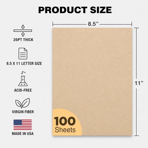 WritePads 26pt Virgin Kraft Chipboard Sheets, 8.5 x 11 Inch Letter Size Heavyweight Rigid Cardboard, Made in USA, Thick Chipboard Backing Boards for Crafts, Packaging & Shipping Protection in Kuwait