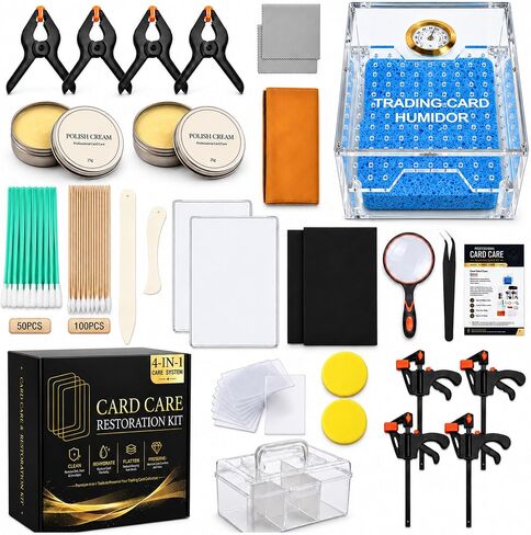 227PCS Trading Card Cleaning Kit, Card Repair Kit & Card Restoration Kit, 4-in-1 Cleaning, Polishing, Humidifying & Flattening System with Acrylic Humidor for Sports, TCG & Vintage Cards in Kuwait