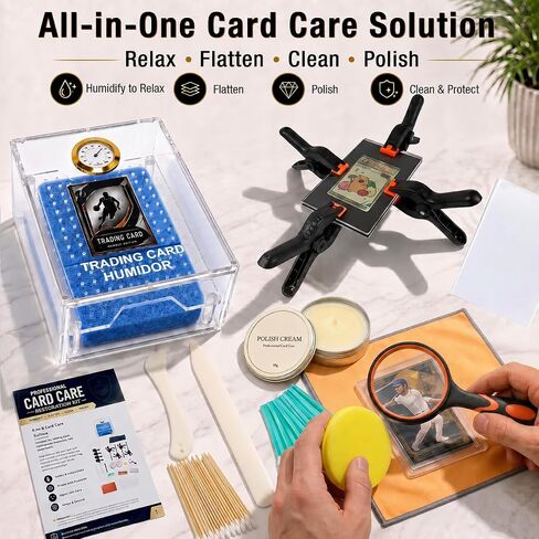 227PCS Trading Card Cleaning Kit, Card Repair Kit & Card Restoration Kit, 4-in-1 Cleaning, Polishing, Humidifying & Flattening System with Acrylic Humidor for Sports, TCG & Vintage Cards in Kuwait