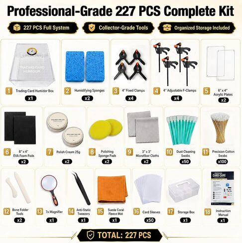 227PCS Trading Card Cleaning Kit, Card Repair Kit & Card Restoration Kit, 4-in-1 Cleaning, Polishing, Humidifying & Flattening System with Acrylic Humidor for Sports, TCG & Vintage Cards in Kuwait
