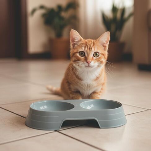 Pet Food and Water Bowl, Double Feeding Bowls, Small Grey, for Cats and Small Dogs, Portable Pet Accessories in Saudi Arabia