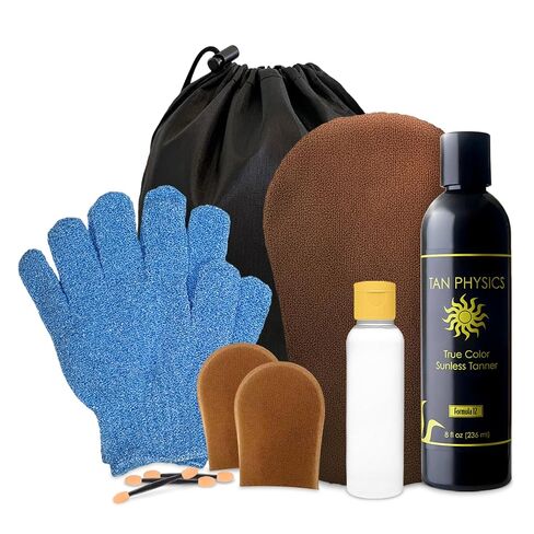 Tan Physics Self Tanner, 11 pcs Deluxe Bundle - Tan Physics True Color Sunless Tanner - Travel Bag & Bottle, Gloves, Application Mitt & Detail Applicator - Tan Physics True Color Sunless Tanner in Saudi Arabia