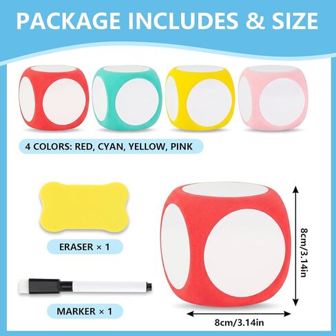 6 Pcs Dry Erase Foam Dice Set, 3.15 Inch Blank White Board Dice for Classroom Games,Learning Activities, Math Practice, Letter Drawing and Group Teaching Supplies in Kuwait