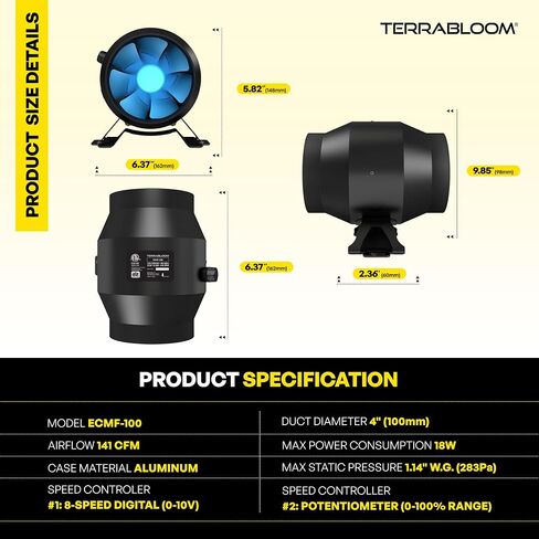 TerraBloom ECMF-100، مروحة مضمنة مقاس 4 بوصات مع وحدة تحكم رقمية في السرعة لنظام التدفئة والتهوية وتكييف الهواء (HVAC)، وتعزيز تدفق الهواء في القناة، وعادم خيمة النمو والترشيح in Kuwait