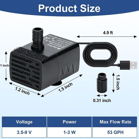DaToo 3w Aquarium Submersible Water Pump DC 3.5-9 V USB Mini Fountain Pump with 2 Nozzles for Fish Tank Bird Bath Ponds Pet Fountain 53GPH Black in Kuwait