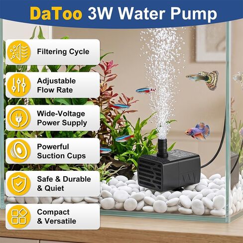 DaToo 3w Aquarium Submersible Water Pump DC 3.5-9 V USB Mini Fountain Pump with 2 Nozzles for Fish Tank Bird Bath Ponds Pet Fountain 53GPH Black in Kuwait