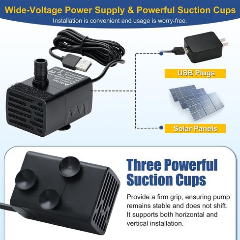 DaToo 3w Aquarium Submersible Water Pump DC 3.5-9 V USB Mini Fountain Pump with 2 Nozzles for Fish Tank Bird Bath Ponds Pet Fountain 53GPH Black in Kuwait