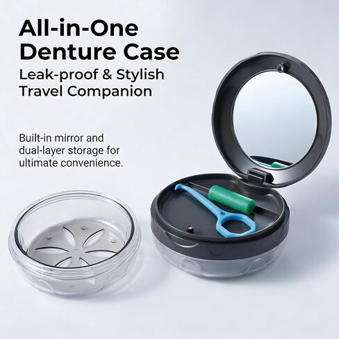 Uouovo Denture Bath Case, Definitely No-Leak, Complete Clean Care for Dentures, Clear Braces, Night Guard & Retainers, Retainer Case for Traveling, Denture Cup with Strainer & Mirror (Pink) in Saudi Arabia