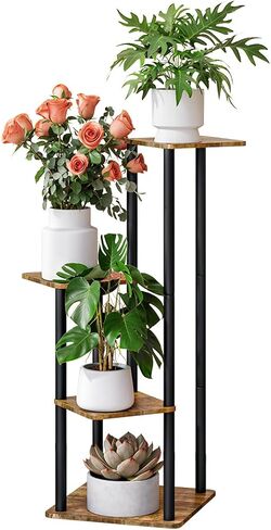 Plant Stand 4 Tier Indoor Metal Flower Shelf for Multiple Plants Corner Tall Flower Holders for Patio Garden Living Room Balcony Bedroom, Black oak in Saudi Arabia