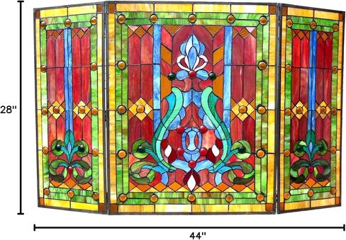 Chloe Lighting 3pcs Folding Victorian 44" Wide Tiffany-Glass Fireplace Screen, Red in Kuwait