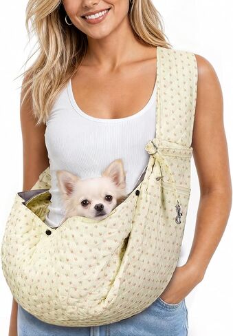 Quilted Small Dog Carrier Bag Floral Dog Sling Carrier with Safety Hook & Zipper Pocket for Outdoor in Saudi Arabia