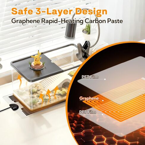 Reptile Heating Pad with Thermostat, 10-Level Adjustable Under Tank Heater, 6x11 Inch Graphene Heat Mat for Turtles Frogs Snakes Lizards Geckos Hermit Crabs Spiders, Safe & Even Warming in Kuwait