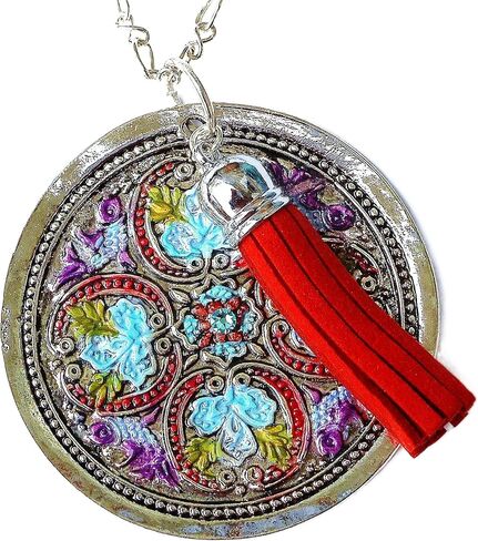 Long Silver Pendant Necklace with Painted Accents and Tassel Boho Jewelry in Kuwait