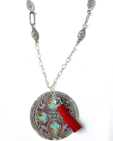 Long Silver Pendant Necklace with Painted Accents and Tassel Boho Jewelry in Kuwait