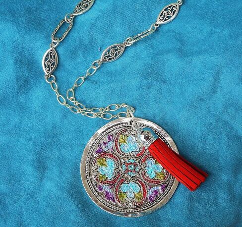 Long Silver Pendant Necklace with Painted Accents and Tassel Boho Jewelry in Kuwait