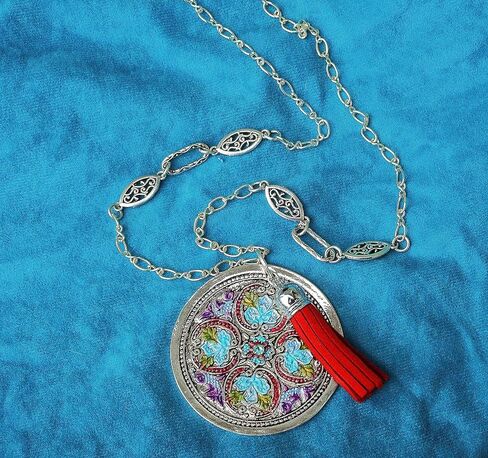 Long Silver Pendant Necklace with Painted Accents and Tassel Boho Jewelry in Kuwait