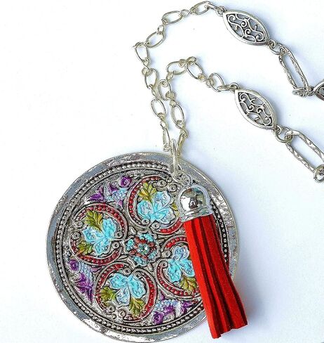 Long Silver Pendant Necklace with Painted Accents and Tassel Boho Jewelry in Kuwait