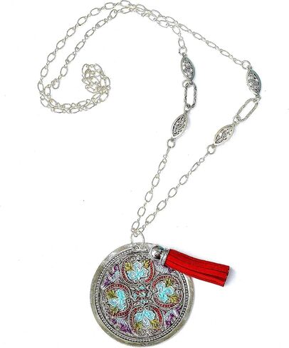 Long Silver Pendant Necklace with Painted Accents and Tassel Boho Jewelry in Kuwait
