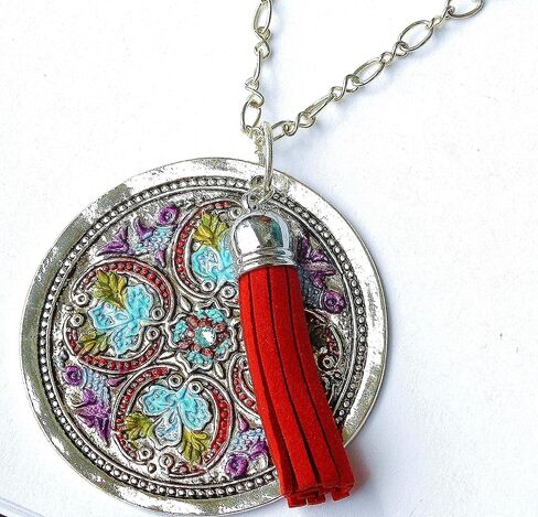 Long Silver Pendant Necklace with Painted Accents and Tassel Boho Jewelry in Kuwait