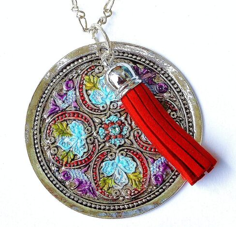 Long Silver Pendant Necklace with Painted Accents and Tassel Boho Jewelry in Kuwait