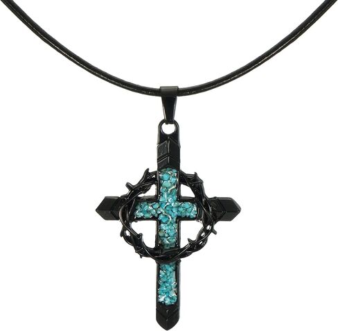 Black Cross & Crown of Thorns Pendant with Turquoise Inlay, Black Leather Cord Necklace, Faith Gift for Him or Her in Saudi Arabia