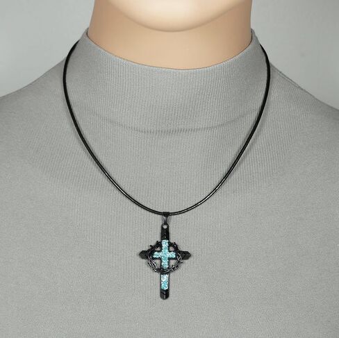 Black Cross & Crown of Thorns Pendant with Turquoise Inlay, Black Leather Cord Necklace, Faith Gift for Him or Her in Saudi Arabia