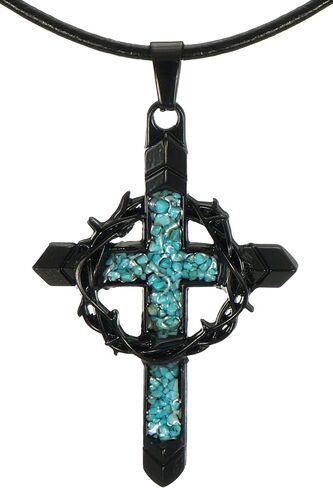 Black Cross & Crown of Thorns Pendant with Turquoise Inlay, Black Leather Cord Necklace, Faith Gift for Him or Her in Saudi Arabia