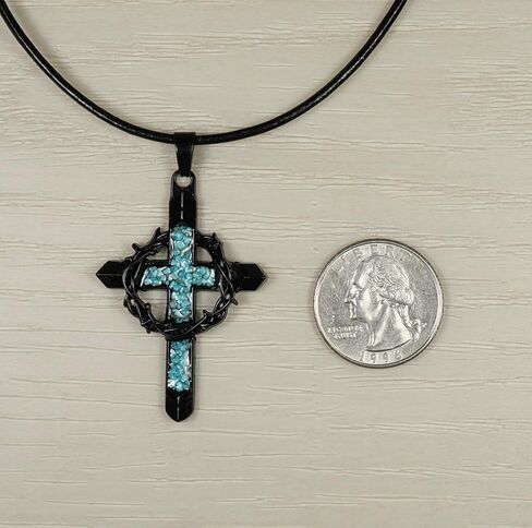 Black Cross & Crown of Thorns Pendant with Turquoise Inlay, Black Leather Cord Necklace, Faith Gift for Him or Her in Saudi Arabia