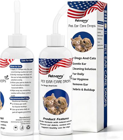 Petnanny Cat Ear Cleaner Solution, Pet Ear Cleaner for Dogs & Cats, Dog Ear Cleaner Non-Stinging Ear Drops with Silver Ion & Botanical Extracts, Soothes Itchy Ears & Gently Clear Wax & Debris, 4oz in Kuwait